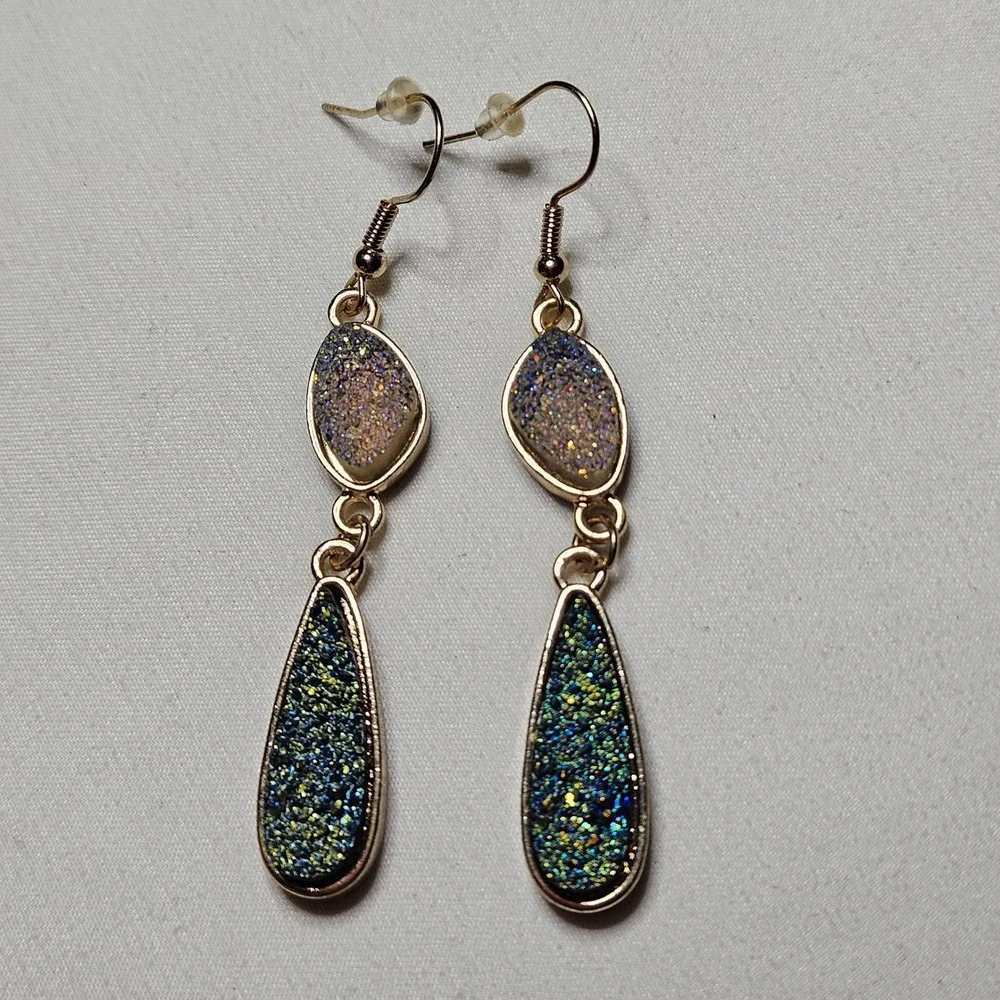 Faux Druzy Drop Earrings Womens OS Blue Green Gold Tone Iridescent Boho